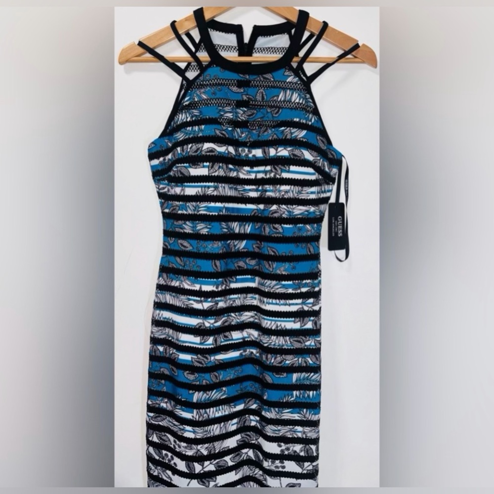 Guess Black, Blu & White Striped, Lace & Mesh Inserts Bodycon Sheath Dress NWT 4